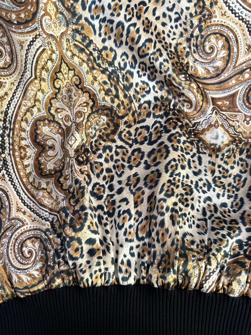 Sunny Leigh 100% Silk Leopard Paisley Bomber Jacket Black Ribbed Trim Size S - Picture 7 of 12
